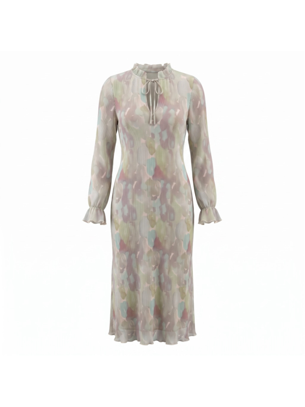 GANNI Bright White Watercolor Pleated Georgette Tie Neck Maxi Dress NWT Size 40